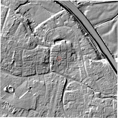 Shaded relief map of the ground around DE240QF, computed from Environment Agency LiDAR. The ground here sits at about 42 m above sea level and falls 7 m across the surrounding 800 m. Surface water reaching this point runs off ground lying to the west-north-west, 1.4 m higher.