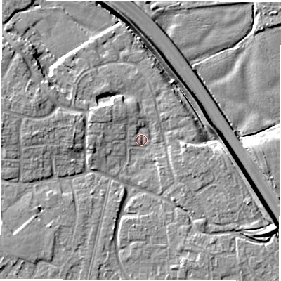 Shaded relief map of the ground around DE240QG, computed from Environment Agency LiDAR. The ground here sits at about 41 m above sea level and falls 8 m across the surrounding 800 m. Surface water reaching this point runs off ground lying to the east-south-east, 6.1 m higher.