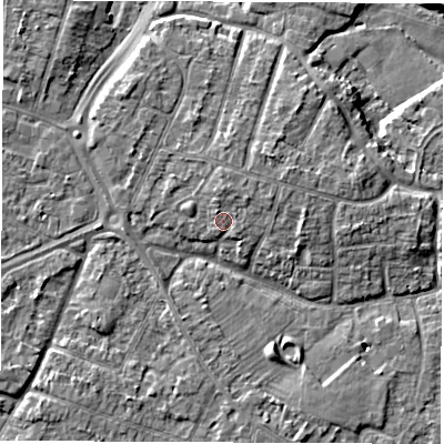 Shaded relief map of the ground around DE240QQ, computed from Environment Agency LiDAR. The ground here sits at about 44 m above sea level and falls 6 m across the surrounding 800 m. Surface water reaching this point runs off ground lying to the north, 1.7 m higher.