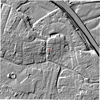 Shaded relief map of the ground around DE240QR, computed from Environment Agency LiDAR. The ground here sits at about 42 m above sea level and falls 7 m across the surrounding 800 m. Surface water reaching this point runs off ground lying to the north-west, 0.9 m higher.