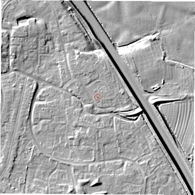 Shaded relief map of the ground around DE240QS, computed from Environment Agency LiDAR. The ground here sits at about 42 m above sea level and falls 9 m across the surrounding 800 m. Surface water reaching this point runs off ground lying to the north, 1.2 m higher.