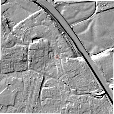 Shaded relief map of the ground around DE240QT, computed from Environment Agency LiDAR. The ground here sits at about 41 m above sea level and falls 8 m across the surrounding 800 m. Surface water reaching this point runs off ground lying to the south-east, 5.8 m higher.