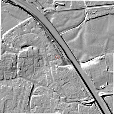 Shaded relief map of the ground around DE240QU, computed from Environment Agency LiDAR. The ground here sits at about 42 m above sea level and falls 9 m across the surrounding 800 m. Surface water reaching this point runs off ground lying to the south-east, 6.8 m higher.