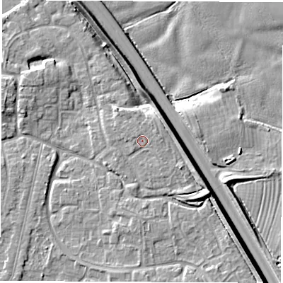 Shaded relief map of the ground around DE240QX, computed from Environment Agency LiDAR. The ground here sits at about 42 m above sea level and falls 9 m across the surrounding 800 m. Surface water reaching this point runs off ground lying to the north-north-east, 1.0 m higher.