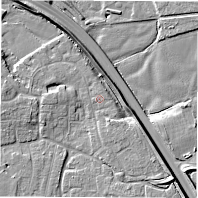 Shaded relief map of the ground around DE240QY, computed from Environment Agency LiDAR. The ground here sits at about 41 m above sea level and falls 10 m across the surrounding 800 m. Surface water reaching this point runs off ground lying to the west, 4.2 m higher.