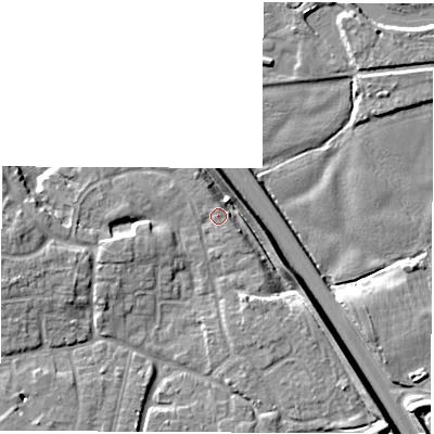 Shaded relief map of the ground around DE240QZ, computed from Environment Agency LiDAR. The ground here sits at about 41 m above sea level and falls 8 m across the surrounding 800 m. Surface water reaching this point runs off ground lying to the south-east, 6.8 m higher.