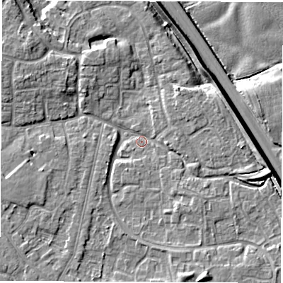 Shaded relief map of the ground around DE240RA, computed from Environment Agency LiDAR. The ground here sits at about 41 m above sea level and falls 8 m across the surrounding 800 m. Surface water reaching this point runs off ground lying to the east-south-east, 5.6 m higher.