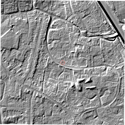 Shaded relief map of the ground around DE240RB, computed from Environment Agency LiDAR. The ground here sits at about 42 m above sea level and falls 6 m across the surrounding 800 m. Surface water reaching this point runs off ground lying to the east-south-east, 0.8 m higher.