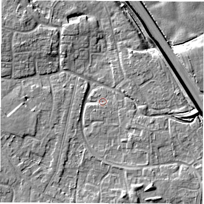 Shaded relief map of the ground around DE240RD, computed from Environment Agency LiDAR. The ground here sits at about 41 m above sea level and falls 8 m across the surrounding 800 m. Surface water reaching this point runs off ground lying to the east, 5.2 m higher.
