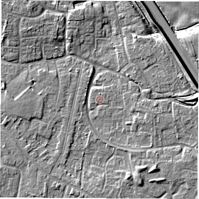 Shaded relief map of the ground around DE240RE, computed from Environment Agency LiDAR. The ground here sits at about 42 m above sea level and falls 7 m across the surrounding 800 m. Surface water reaching this point runs off ground lying to the north, 0.5 m higher.