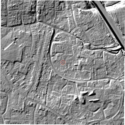 Shaded relief map of the ground around DE240RF, computed from Environment Agency LiDAR. The ground here sits at about 42 m above sea level and falls 8 m across the surrounding 800 m. Surface water reaching this point runs off ground lying to the east, 1.8 m higher.