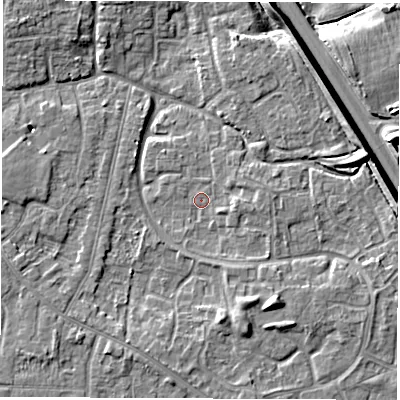 Shaded relief map of the ground around DE240RG, computed from Environment Agency LiDAR. The ground here sits at about 42 m above sea level and falls 8 m across the surrounding 800 m. Surface water reaching this point runs off ground lying to the east, 1.8 m higher.