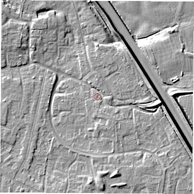 Shaded relief map of the ground around DE240RH, computed from Environment Agency LiDAR. The ground here sits at about 41 m above sea level and falls 8 m across the surrounding 800 m. Surface water reaching this point runs off ground lying to the east-south-east, 5.7 m higher.