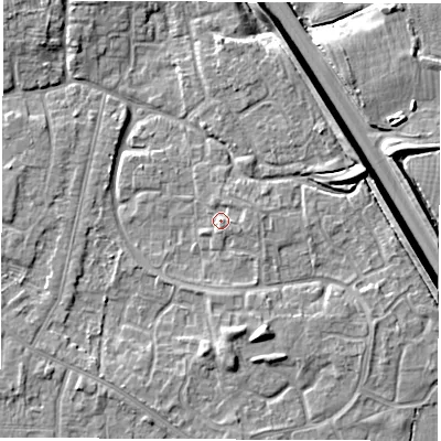 Shaded relief map of the ground around DE240RJ, computed from Environment Agency LiDAR. The ground here sits at about 43 m above sea level and falls 8 m across the surrounding 800 m. Surface water reaching this point runs off ground lying to the east-north-east, 1.2 m higher.