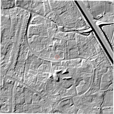 Shaded relief map of the ground around DE240RL, computed from Environment Agency LiDAR. The ground here sits at about 42 m above sea level and falls 8 m across the surrounding 800 m. Surface water reaching this point runs off ground lying to the south-south-west, 1.2 m higher.