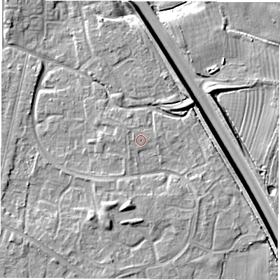 Shaded relief map of the ground around DE240RP, computed from Environment Agency LiDAR. The ground here sits at about 42 m above sea level and falls 9 m across the surrounding 800 m. Surface water reaching this point runs off ground lying to the west-south-west, 0.6 m higher.