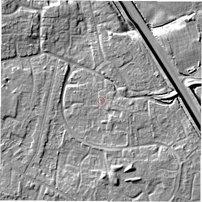 Shaded relief map of the ground around DE240RQ, computed from Environment Agency LiDAR. The ground here sits at about 42 m above sea level and falls 8 m across the surrounding 800 m. Surface water reaching this point runs off ground lying to the east-south-east, 1.5 m higher.