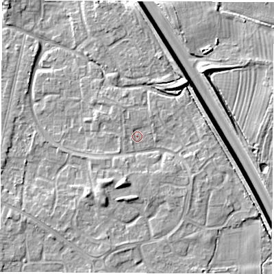 Shaded relief map of the ground around DE240RR, computed from Environment Agency LiDAR. The ground here sits at about 42 m above sea level and falls 9 m across the surrounding 800 m. Surface water reaching this point runs off ground lying to the south-south-west, 3.7 m higher.