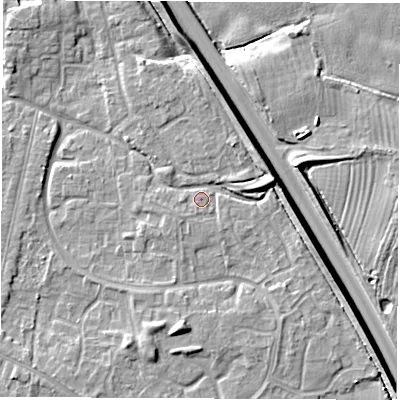 Shaded relief map of the ground around DE240RS, computed from Environment Agency LiDAR. The ground here sits at about 42 m above sea level and falls 9 m across the surrounding 800 m. Surface water reaching this point runs off ground lying to the south-west, 1.4 m higher.