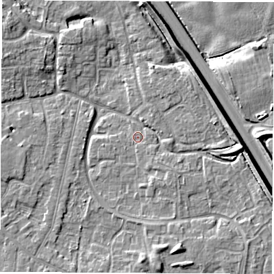 Shaded relief map of the ground around DE240RT, computed from Environment Agency LiDAR. The ground here sits at about 41 m above sea level and falls 8 m across the surrounding 800 m. Surface water reaching this point runs off ground lying to the south-east, 1.8 m higher.
