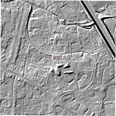Shaded relief map of the ground around DE240RU, computed from Environment Agency LiDAR. The ground here sits at about 43 m above sea level and falls 7 m across the surrounding 800 m. Surface water reaching this point runs off ground lying to the south-south-east, 1.9 m higher.