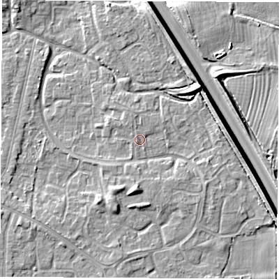Shaded relief map of the ground around DE240RW, computed from Environment Agency LiDAR. The ground here sits at about 42 m above sea level and falls 8 m across the surrounding 800 m. Surface water reaching this point runs off ground lying to the north-north-east, 0.6 m higher.