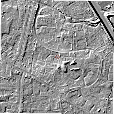 Shaded relief map of the ground around DE240RX, computed from Environment Agency LiDAR. The ground here sits at about 42 m above sea level and falls 7 m across the surrounding 800 m. Surface water reaching this point runs off ground lying to the east-south-east, 2.7 m higher.