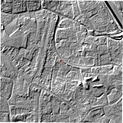 Shaded relief map of the ground around DE240RY, computed from Environment Agency LiDAR. The ground here sits at about 42 m above sea level and falls 6 m across the surrounding 800 m. Surface water reaching this point runs off ground lying to the east-south-east, 3.1 m higher.