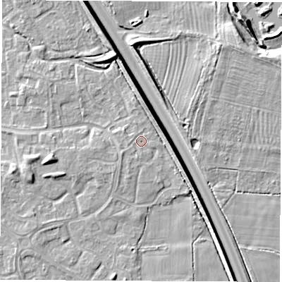 Shaded relief map of the ground around DE240SA, computed from Environment Agency LiDAR. The ground here sits at about 43 m above sea level and falls 9 m across the surrounding 800 m. Surface water reaching this point runs off ground lying to the west-south-west, 1.3 m higher.
