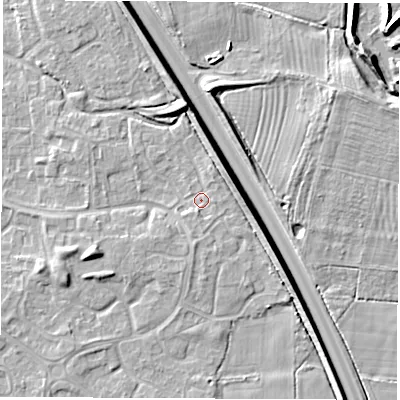 Shaded relief map of the ground around DE240SB, computed from Environment Agency LiDAR. The ground here sits at about 42 m above sea level and falls 9 m across the surrounding 800 m. Surface water reaching this point runs off ground lying to the south-south-west, 1.2 m higher.