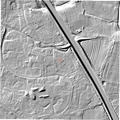 Shaded relief map of the ground around DE240SD, computed from Environment Agency LiDAR. The ground here sits at about 42 m above sea level and falls 9 m across the surrounding 800 m. Surface water reaching this point runs off ground lying to the south-south-west, 3.7 m higher.