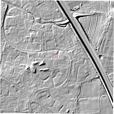 Shaded relief map of the ground around DE240SG, computed from Environment Agency LiDAR. The ground here sits at about 43 m above sea level and falls 8 m across the surrounding 800 m. Surface water reaching this point runs off ground lying to the south-west, 1.3 m higher.
