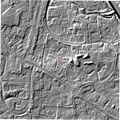 Shaded relief map of the ground around DE240SN, computed from Environment Agency LiDAR. The ground here sits at about 42 m above sea level and falls 6 m across the surrounding 800 m. Surface water reaching this point runs off ground lying to the south, 1.7 m higher.