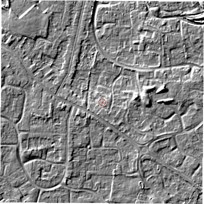 Shaded relief map of the ground around DE240SP, computed from Environment Agency LiDAR. The ground here sits at about 43 m above sea level and falls 6 m across the surrounding 800 m. Surface water reaching this point runs off ground lying to the south-east, 1.0 m higher.