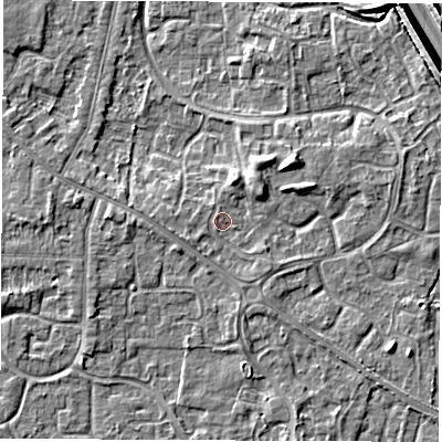 Shaded relief map of the ground around DE240SQ, computed from Environment Agency LiDAR. The ground here sits at about 43 m above sea level and falls 6 m across the surrounding 800 m. Surface water reaching this point runs off ground lying to the west-south-west, 1.1 m higher.