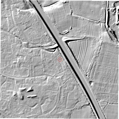 Shaded relief map of the ground around DE240SS, computed from Environment Agency LiDAR. The ground here sits at about 42 m above sea level and falls 9 m across the surrounding 800 m. Surface water reaching this point runs off ground lying to the south-east, 5.7 m higher.