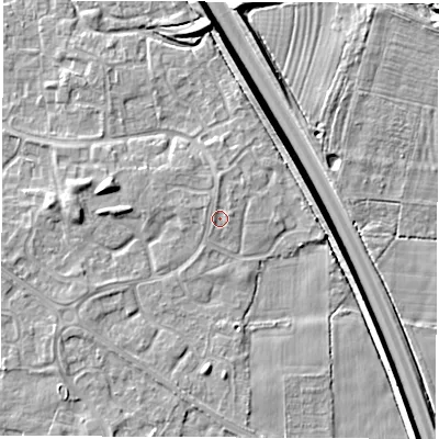 Shaded relief map of the ground around DE240ST, computed from Environment Agency LiDAR. The ground here sits at about 43 m above sea level and falls 9 m across the surrounding 800 m. Surface water reaching this point runs off ground lying to the north, 0.9 m higher.