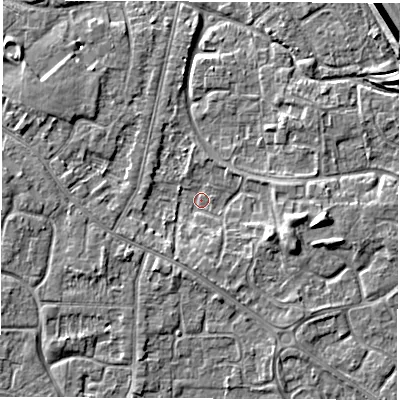 Shaded relief map of the ground around DE240SW, computed from Environment Agency LiDAR. The ground here sits at about 42 m above sea level and falls 6 m across the surrounding 800 m. Surface water reaching this point runs off ground lying to the east, 3.1 m higher.