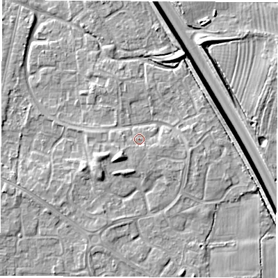 Shaded relief map of the ground around DE240SX, computed from Environment Agency LiDAR. The ground here sits at about 43 m above sea level and falls 9 m across the surrounding 800 m. Surface water reaching this point runs off ground lying to the south, 1.1 m higher.
