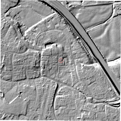 Shaded relief map of the ground around DE240SY, computed from Environment Agency LiDAR. The ground here sits at about 41 m above sea level and falls 9 m across the surrounding 800 m. Surface water reaching this point runs off ground lying to the west, 4.9 m higher.