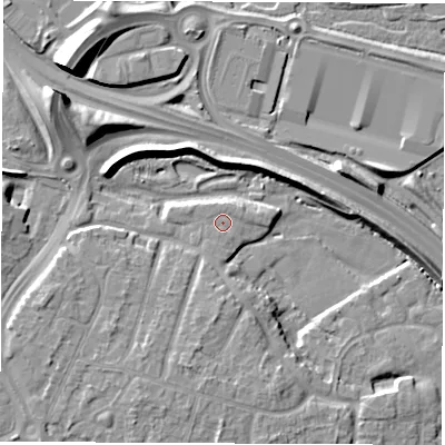 Shaded relief map of the ground around DE240TR, computed from Environment Agency LiDAR. The ground here sits at about 42 m above sea level and falls 13 m across the surrounding 800 m. Surface water reaching this point runs off ground lying to the south, 1.0 m higher.
