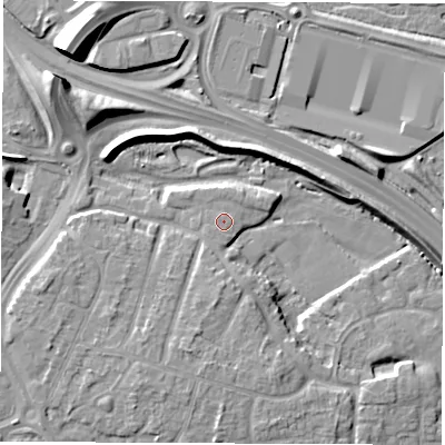 Shaded relief map of the ground around DE240TS, computed from Environment Agency LiDAR. The ground here sits at about 42 m above sea level and falls 13 m across the surrounding 800 m. Surface water reaching this point runs off ground lying to the south-south-west, 0.7 m higher.