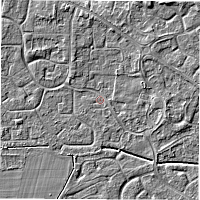Shaded relief map of the ground around DE240UH, computed from Environment Agency LiDAR. The ground here sits at about 42 m above sea level and falls 5 m across the surrounding 800 m. Surface water reaching this point runs off ground lying to the north-north-west, 3.2 m higher.