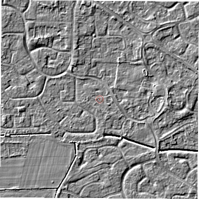 Shaded relief map of the ground around DE240UJ, computed from Environment Agency LiDAR. The ground here sits at about 42 m above sea level and falls 5 m across the surrounding 800 m. Surface water reaching this point runs off ground lying to the north-north-west, 3.2 m higher.