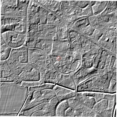 Shaded relief map of the ground around DE240UL, computed from Environment Agency LiDAR. The ground here sits at about 42 m above sea level and falls 5 m across the surrounding 800 m. Surface water reaching this point runs off ground lying to the east-south-east, 0.7 m higher.