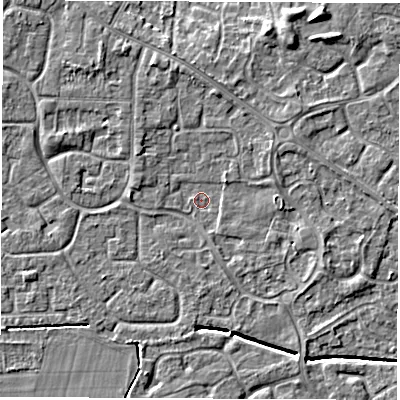 Shaded relief map of the ground around DE240UN, computed from Environment Agency LiDAR. The ground here sits at about 42 m above sea level and falls 6 m across the surrounding 800 m. Surface water reaching this point runs off ground lying to the north-north-west, 3.3 m higher.