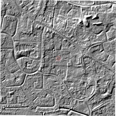 Shaded relief map of the ground around DE240UR, computed from Environment Agency LiDAR. The ground here sits at about 42 m above sea level and falls 6 m across the surrounding 800 m. Surface water reaching this point runs off ground lying to the north-west, 2.6 m higher.
