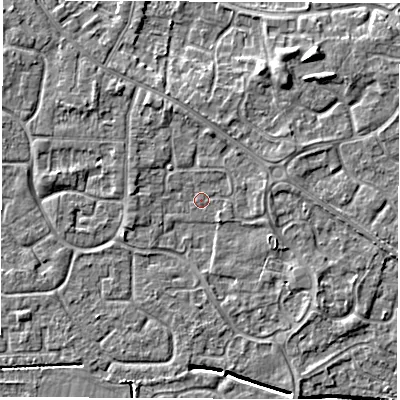 Shaded relief map of the ground around DE240UT, computed from Environment Agency LiDAR. The ground here sits at about 42 m above sea level and falls 6 m across the surrounding 800 m. Surface water reaching this point runs off ground lying to the north-north-west, 2.4 m higher.