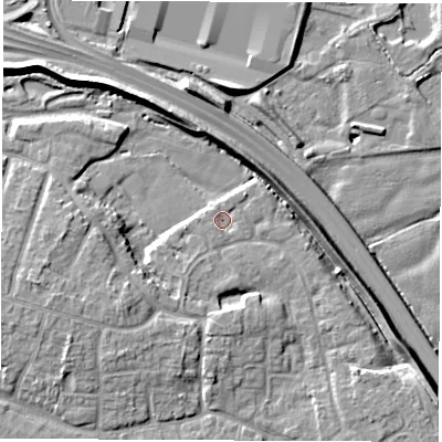 Shaded relief map of the ground around DE240XZ, computed from Environment Agency LiDAR. The ground here sits at about 41 m above sea level and falls 10 m across the surrounding 800 m. Surface water reaching this point runs off ground lying to the south-west, 5.1 m higher.