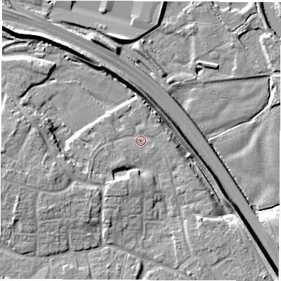 Shaded relief map of the ground around DE240YA, computed from Environment Agency LiDAR. The ground here sits at about 41 m above sea level and falls 10 m across the surrounding 800 m. Surface water reaching this point runs off ground lying to the west-south-west, 5.1 m higher.